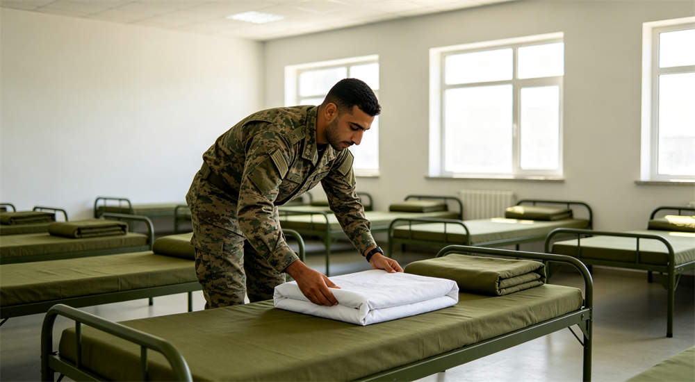 Military police bedding in military barracks dormitory setting