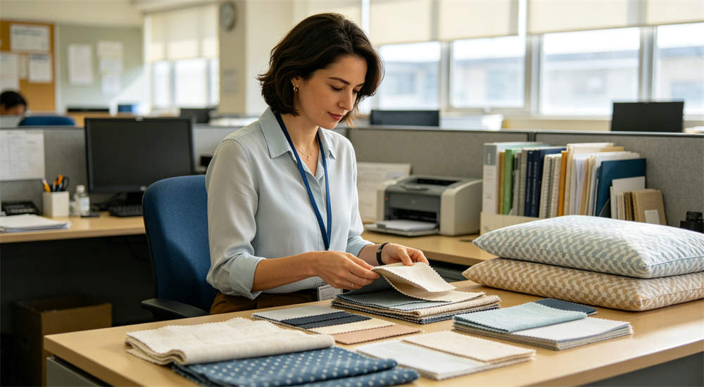 School dormitory bedding detail view for institutional procurement, fabric‑parameter data review