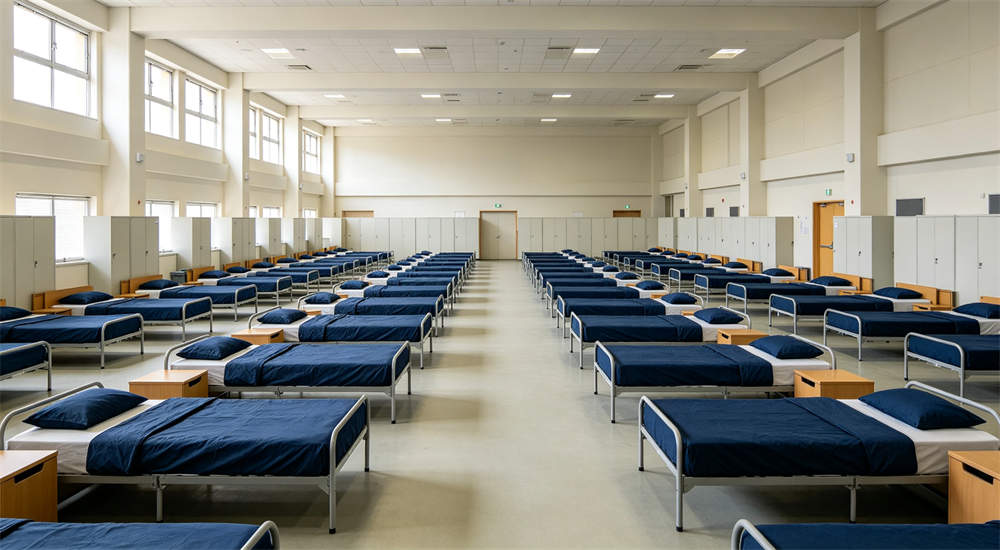 School dormitory bedding detail view for institutional procurement, final linen‑quality audit