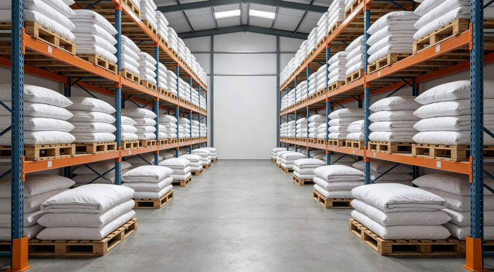 Nursing Home Bedding - Warehouse Storage White Inside, finished bedding kept in warehouse storage