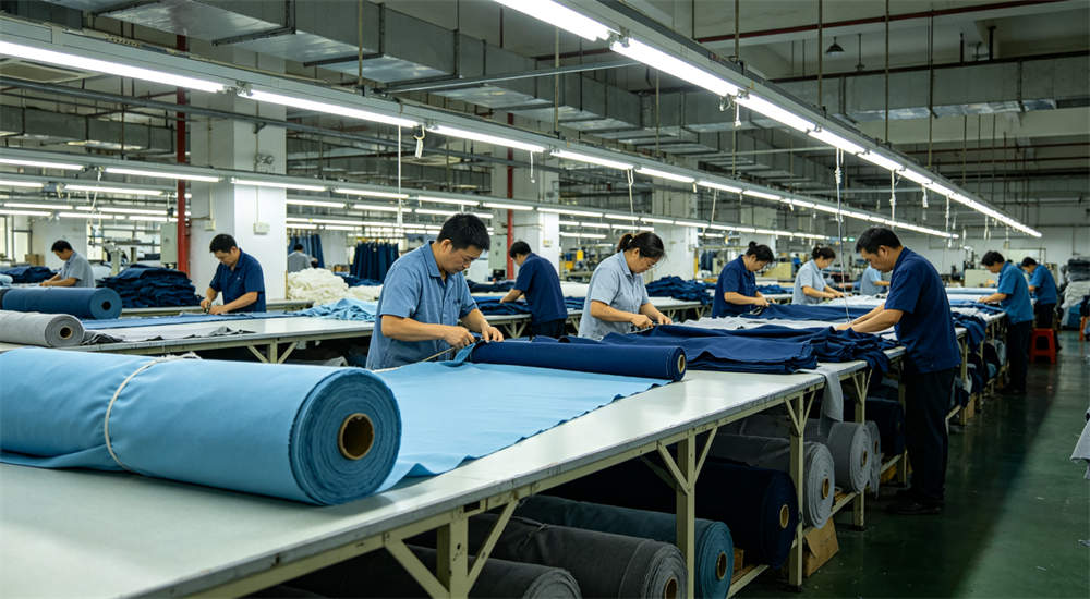 Factory production line manufacturing school dormitory bedding in China, large‑scale linen production
