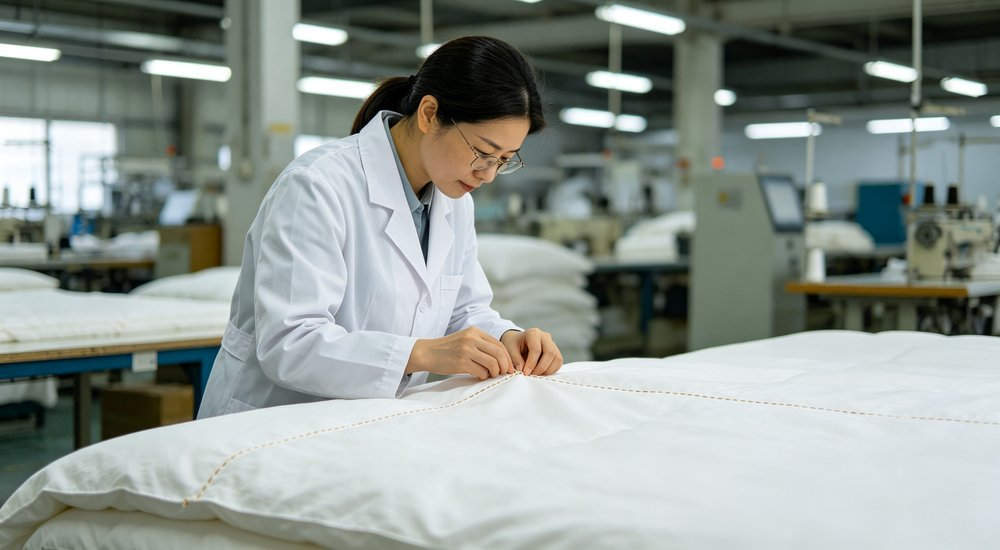 Nursing Home Bedding - Qc Inspection White Inside, bedding undergoing quality inspection Nursing Home Bedding - Qc Inspection White Inside, bedding undergoing quality inspection
