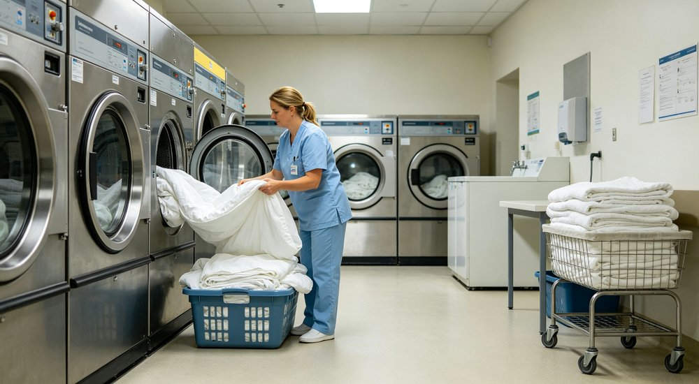 Nursing Home Bedding - Laundry Room Standard Scene, bedding for repeated washing cycles