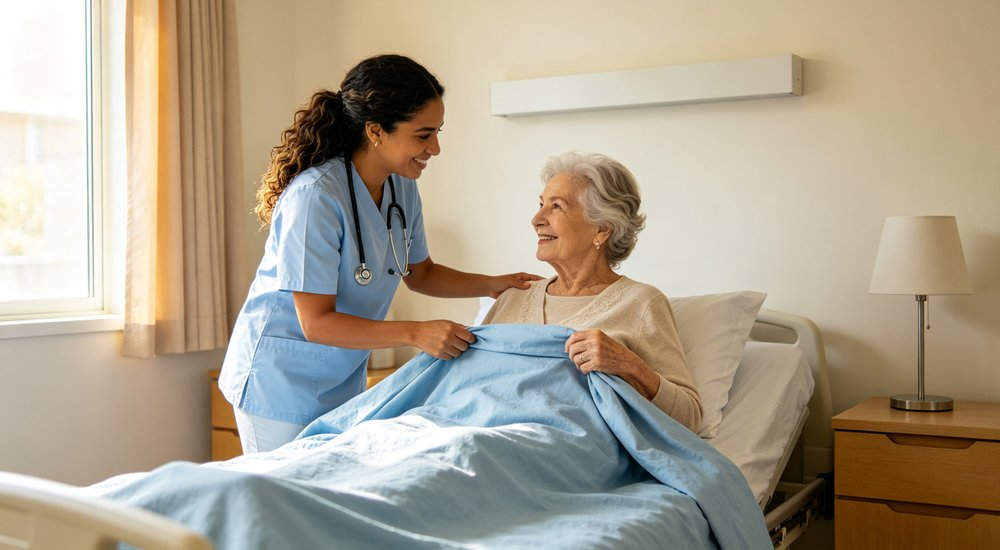 Nursing Home Bedding - Caregiver Room Lightblue Inside, bedding for staff accommodation Nursing Home Bedding - Caregiver Room Lightblue Inside, bedding for staff accommodation