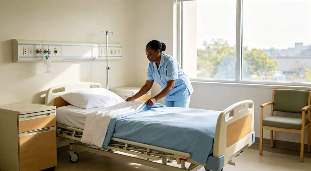 Nursing Home Bedding - Making Bed Lightblue Inside, daily bedding arrangement operation Nursing Home Bedding - Making Bed Lightblue Inside, daily bedding arrangement operation