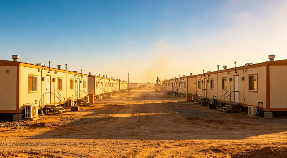 Aerial wide-angle panorama of remote oilfield worker camp with rows of beige modular dormitory buildings with orange trim on sandy ground under clear blue sky for offshore drilling crews accommodation