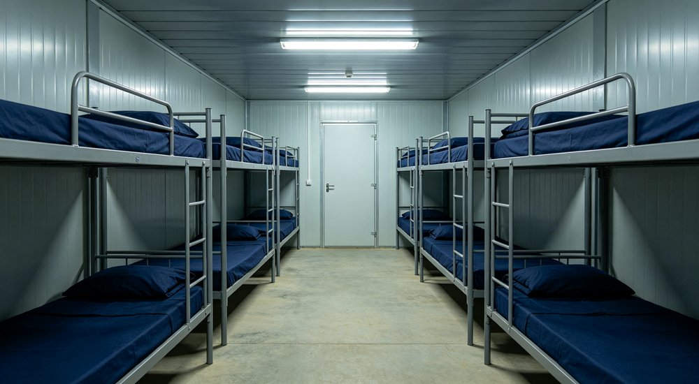 Eye-level interior view of mining camp dormitory with navy blue bedding on metal bunk beds for rotating shift workers in remote mineral extraction sites