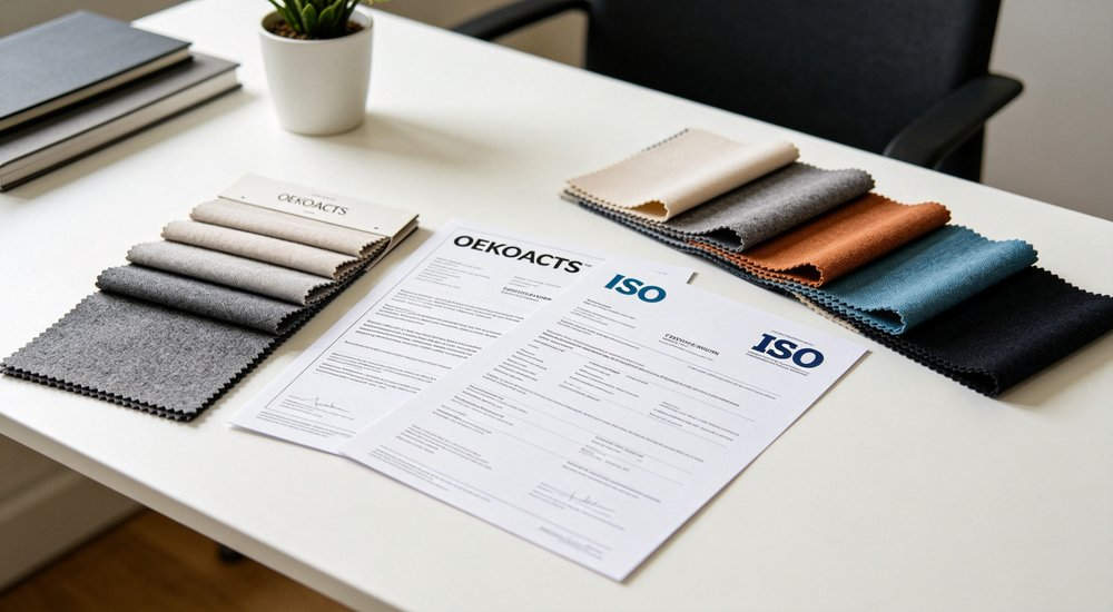 Eye-level office desk view of fabric colour swatch books in grey beige orange blue and black with ISO and OEKO certification documents and small potted plant for bedding material selection