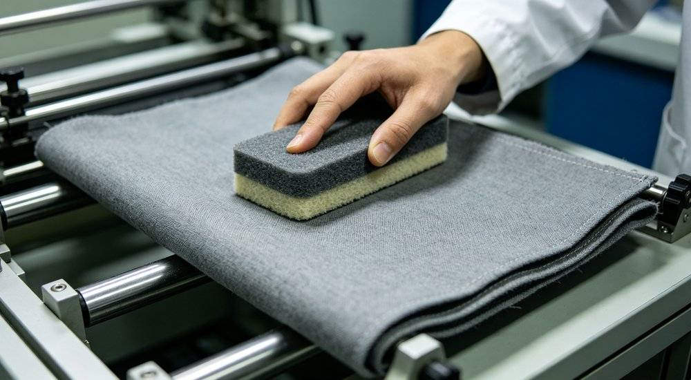 Abrasion test gray lab showing navy and grey institutional bedding for remote worker accommodation and industrial camp facilities Abrasion test gray lab showing navy and grey institutional bedding for remote worker accommodation and industrial camp facilities