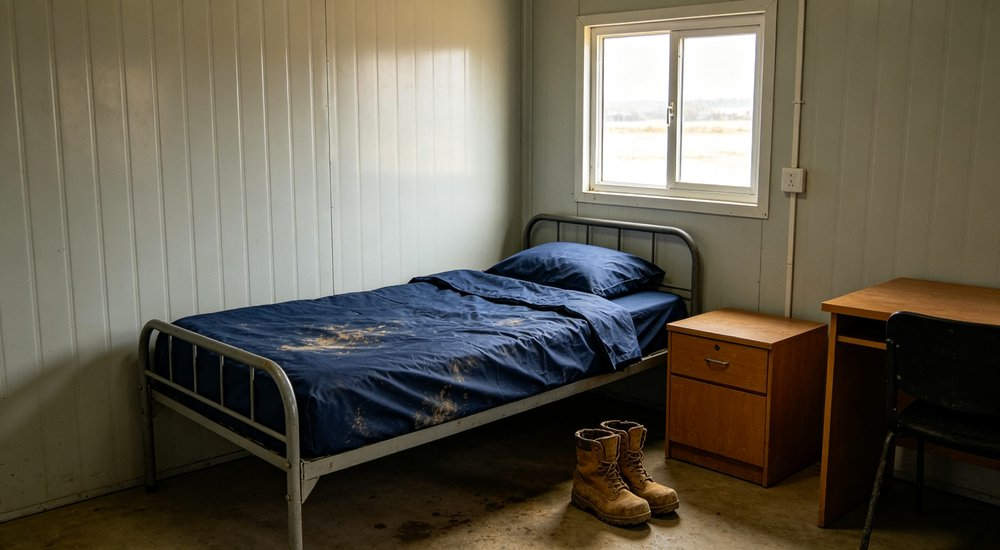 Eye-level interior of oilfield worker accommodation room with navy blue bedding on single bed personal storage locker and work boots in offshore camp