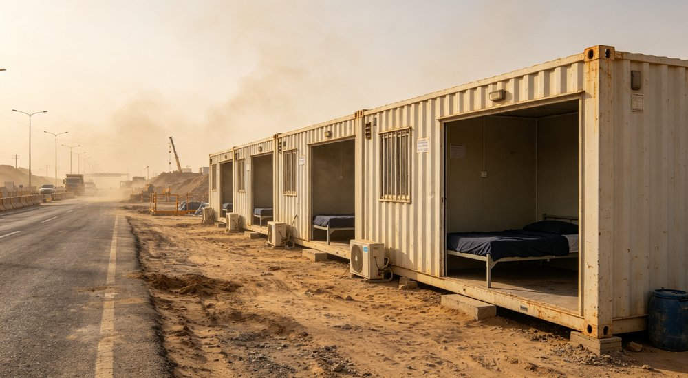 Exterior view of remote road construction camp with navy blue modular dormitory units and temporary worker housing along highway project route