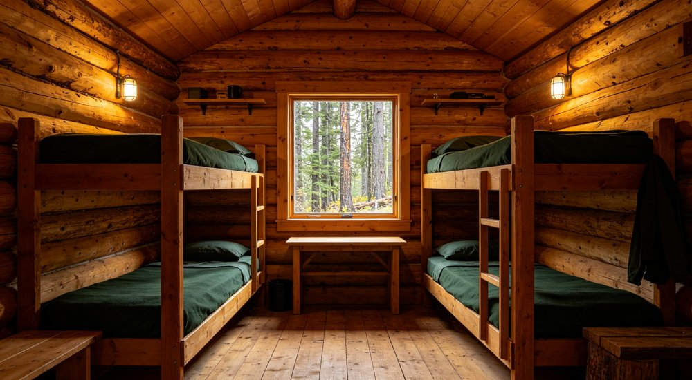 Eye-level view of workforce camp 18 forestry logging camp darkgreen showing navy and grey institutional bedding for remote worker accommodation and industrial camp facilities
