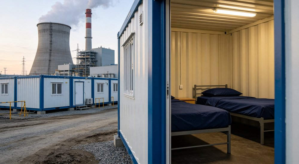 Eye-level view of workforce camp 19 power plant camp navy showing navy and grey institutional bedding for remote worker accommodation and industrial camp facilities