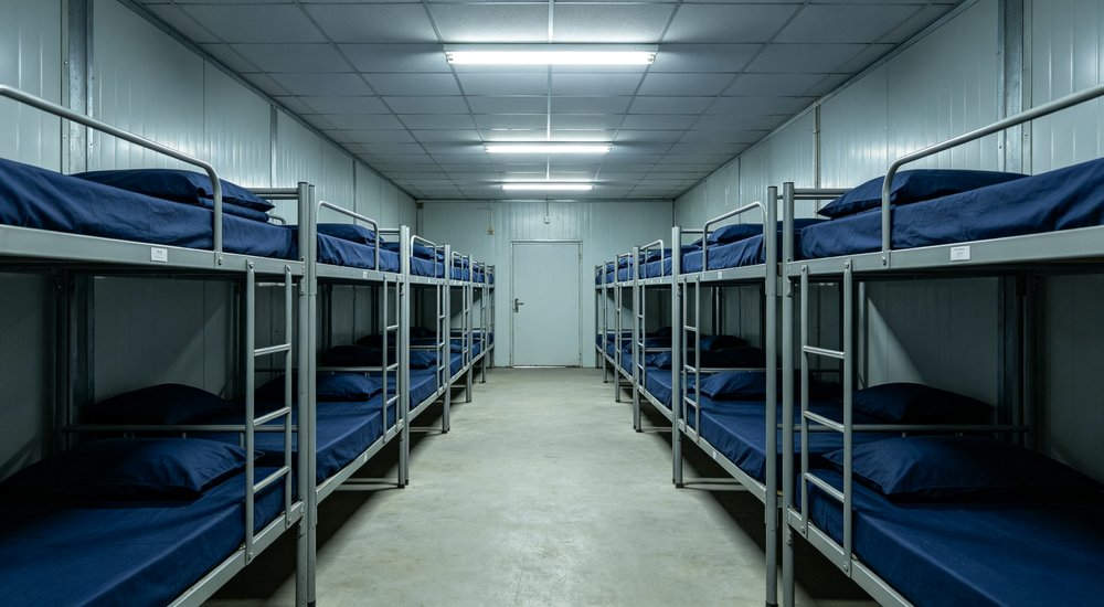 Factory dormitory navy scene showing navy and grey institutional bedding for remote worker accommodation and industrial camp facilities