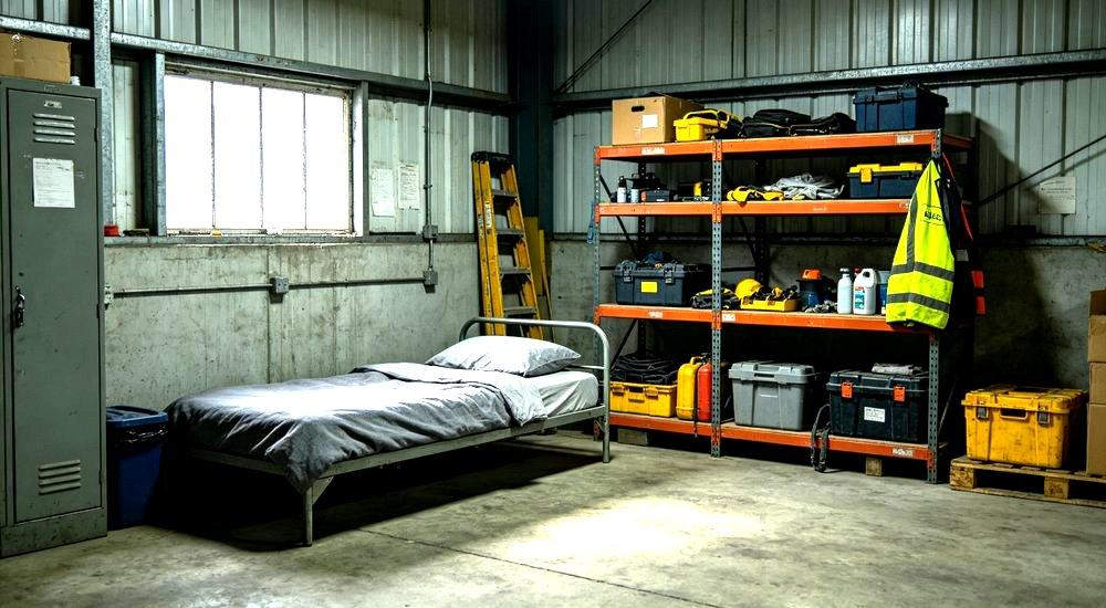 Eye-level interior of logistics warehouse worker accommodation with grey bedding on bunk beds for distribution centre night shift staff housing