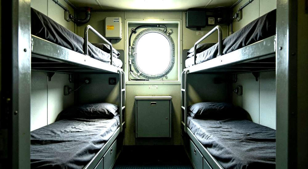 Eye-level interior of offshore fishery worker quarters with dark grey compact bedding on narrow bunks for fishing vessel crew accommodation at sea