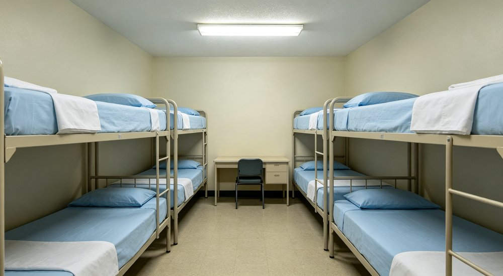 Eye-level interior of hospitality staff dormitory with light blue bedding on single beds for hotel and resort employee housing accommodation