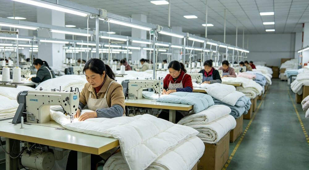 Wide-angle factory production line view of workers sewing bulk workforce camp bedding sets with industrial sewing machines and fabric rolls Wide-angle factory production line view of workers sewing bulk workforce camp bedding sets with industrial sewing machines and fabric rolls