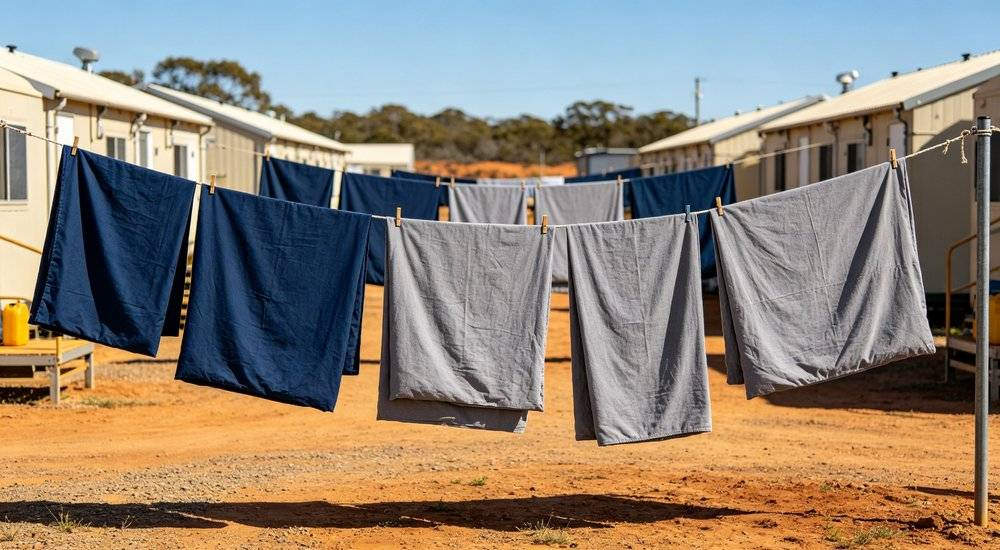 Outdoor laundry line navy gray showing navy and grey institutional bedding for remote worker accommodation and industrial camp facilities