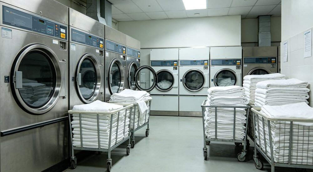 Industrial laundry machine white showing navy and grey institutional bedding for remote worker accommodation and industrial camp facilities