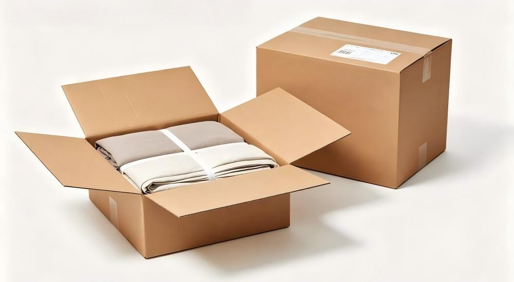 Carton labeling batch warehouse showing navy and grey institutional bedding for remote worker accommodation and industrial camp facilities