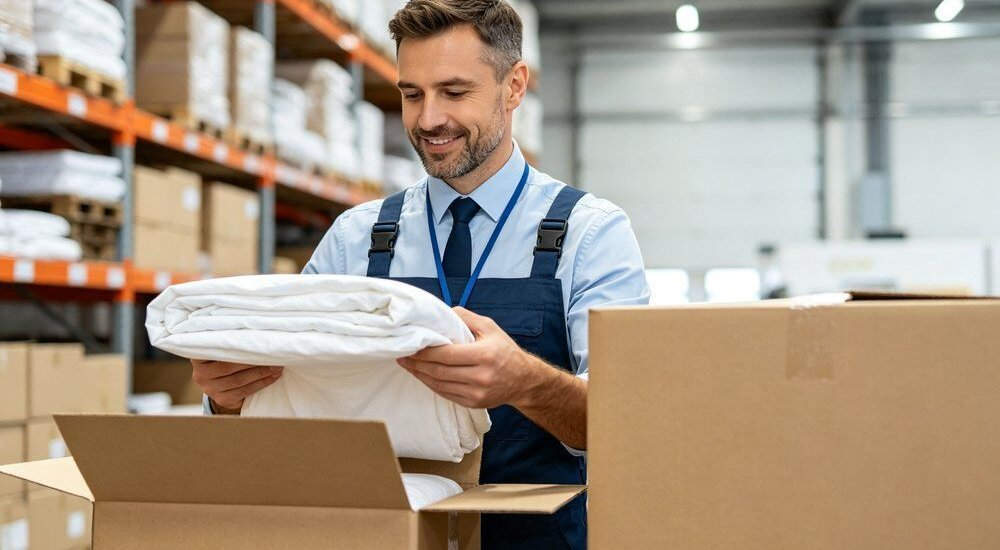 Logistics delivery site warehouse showing navy and grey institutional bedding for remote worker accommodation and industrial camp facilities Logistics delivery site warehouse showing navy and grey institutional bedding for remote worker accommodation and industrial camp facilities