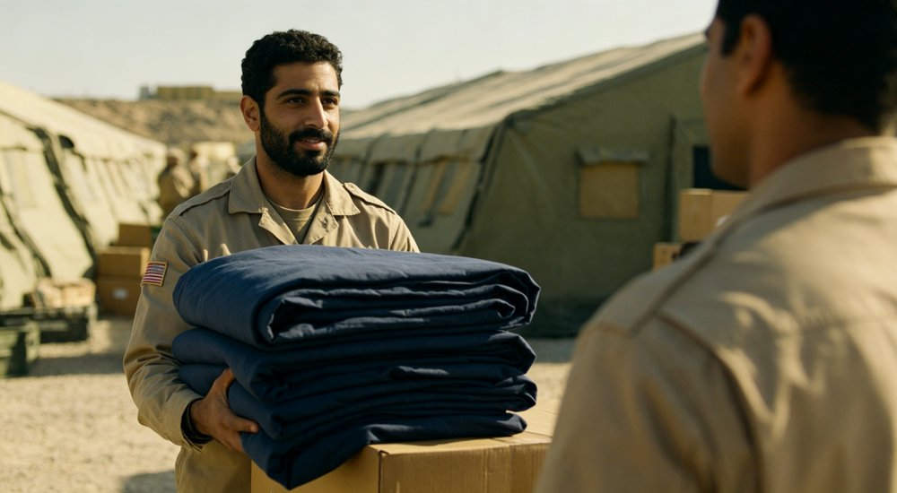 Worker receiving bedding camp showing navy and grey institutional bedding for remote worker accommodation and industrial camp facilities