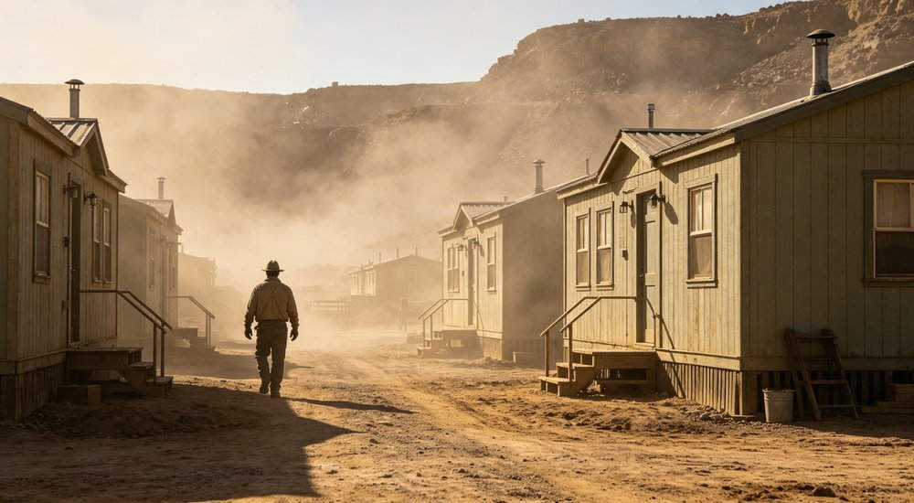Exterior front view of dusty mining camp environment with worker accommodation buildings showing harsh conditions requiring durable bedding for remote industrial worker accommodation and high turnover institutional camp facilities requiring durable cost effective linen solutions