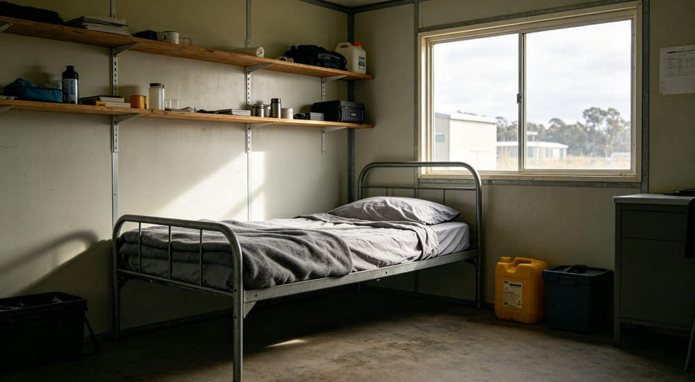 Eye-level interior of seasonal worker hut with grey bedding on simple bed for temporary agricultural and harvest labour accommodation for remote industrial worker accommodation and high turnover institutional camp facilities requiring durable cost effective linen solutions
