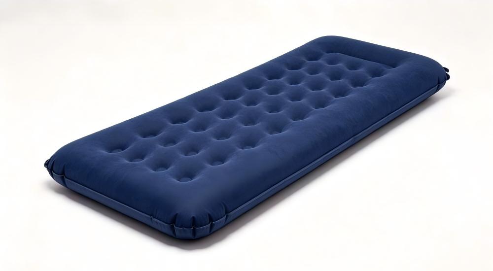 Folding bed portable blue showing navy and grey institutional bedding for remote worker accommodation and industrial camp facilities