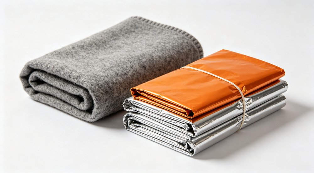 Emergency blanket thermal gray showing navy and grey institutional bedding for remote worker accommodation and industrial camp facilities