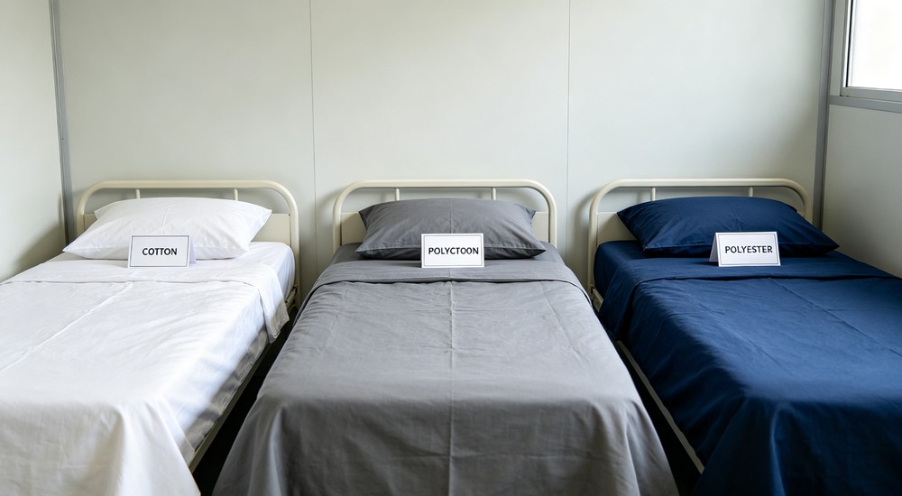 Close-up cotton versus polycotton versus polyester bedding comparison display showing three different fabric types for emergency shelter and dormitory bulk procurement decisions