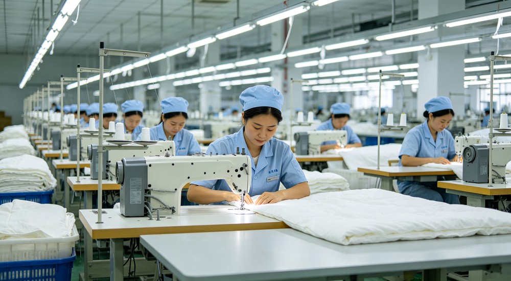 Eye-level textile factory production line with skilled workers sewing and stitching bed sheets for emergency shelter supply chain and institutional bedding procurement