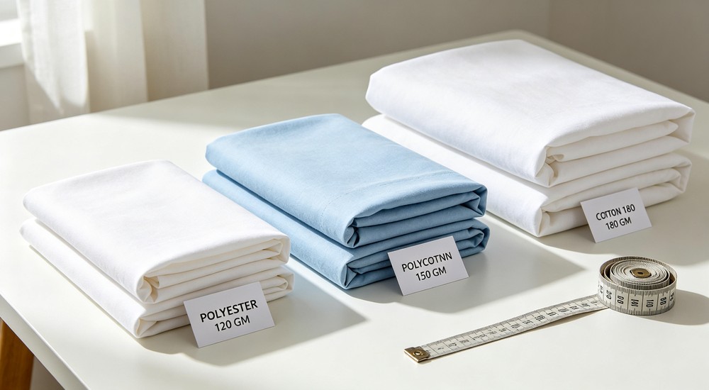 Detailed bedding fabric GSM weight comparison chart showing 120 150 and 180 GSM cotton polycotton and polyester materials for bed sheet GSM guide and shelter specification