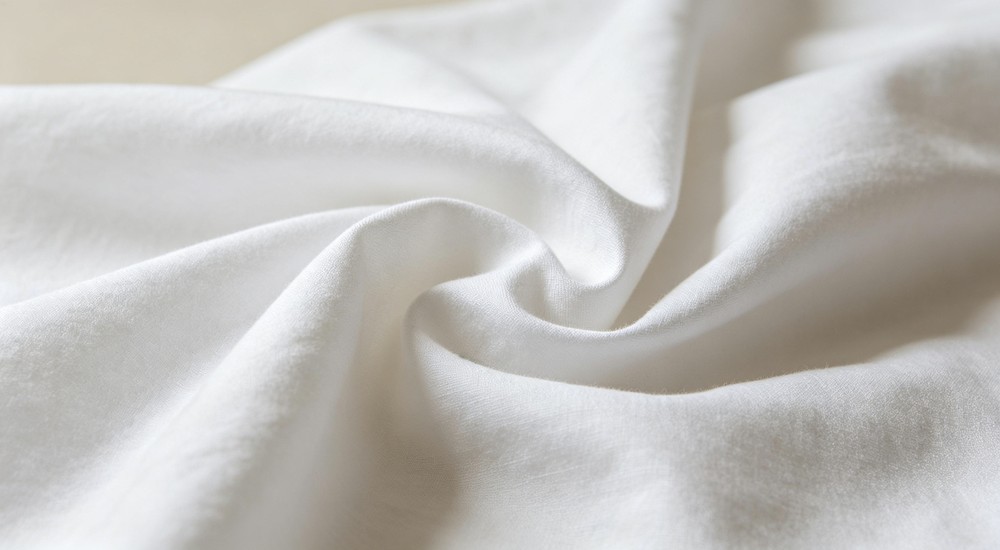 Interior pure cotton percale bed sheet fabric texture closeup showing breathable bedding material with natural fibre weave pattern for high quality emergency shelter bedding and skin friendly material selection