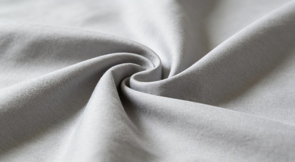 Flat lay polycotton blend bed sheet fabric smooth texture closeup showing 60 40 cotton polyester mix for durable dormitory and shelter bedding with easy care properties