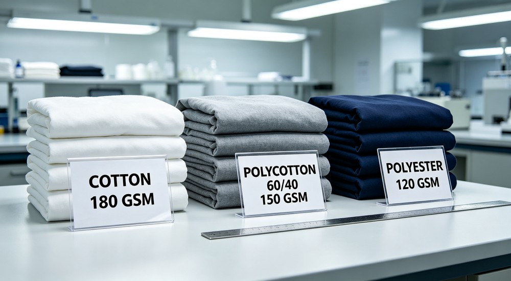Candid three bedding fabric swatches arranged in textile laboratory for side by side comparison of cotton polycotton and polyester shelter material quality and performance