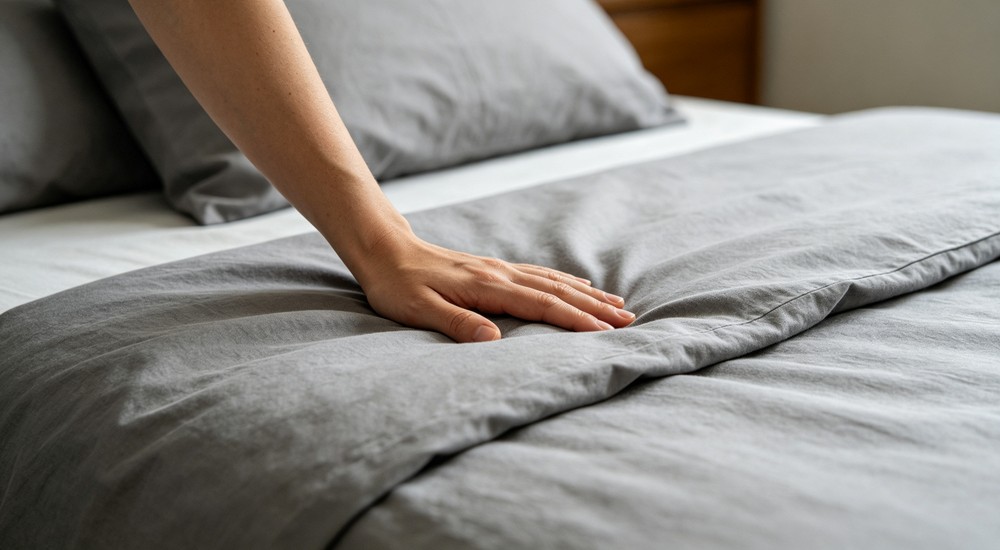 Technical hand touching and feeling bedding fabric softness during quality test for cotton polycotton and polyester shelter sheet selection and skin comfort evaluation