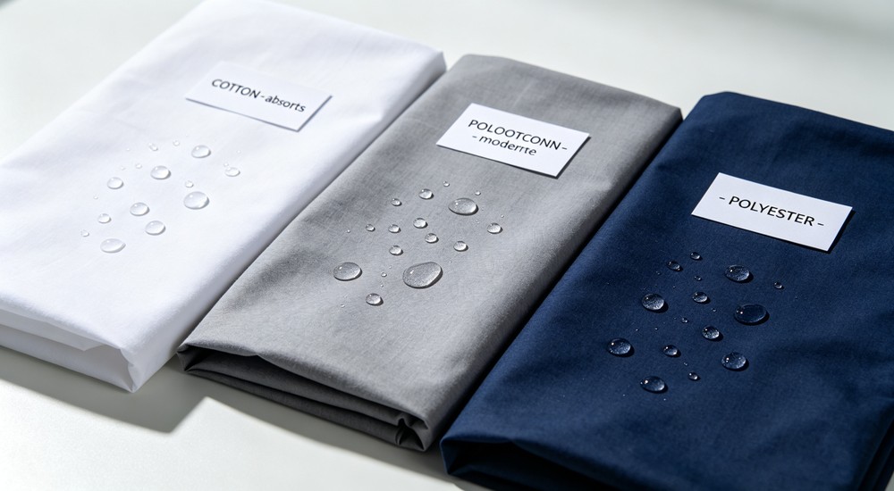 Macro water droplet absorption test comparing cotton polycotton and polyester bedding fabric moisture management and breathability for emergency shelter material selection