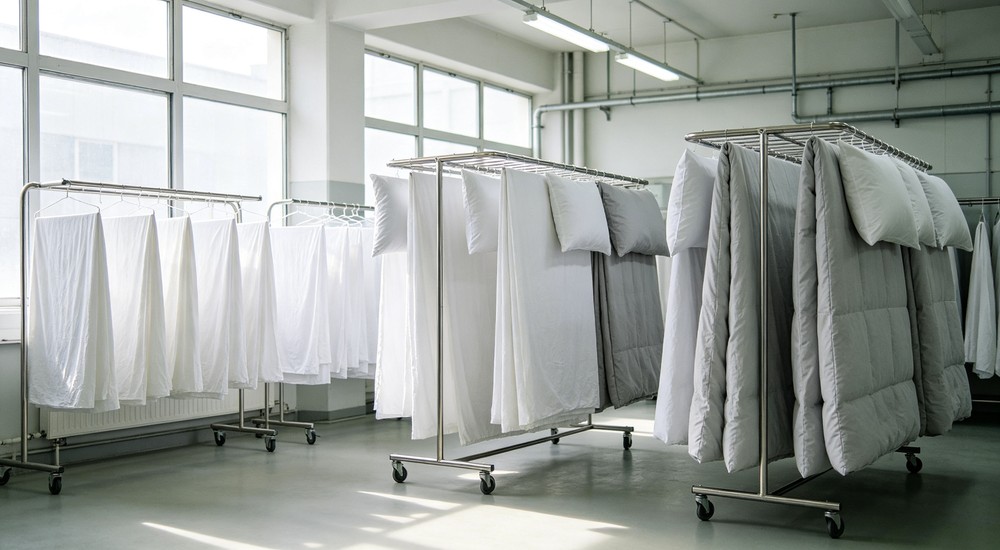 Commercial laundry facility with bedding drying racks holding clean sheets for shelter facility washing operations and fast turnover between resident stays