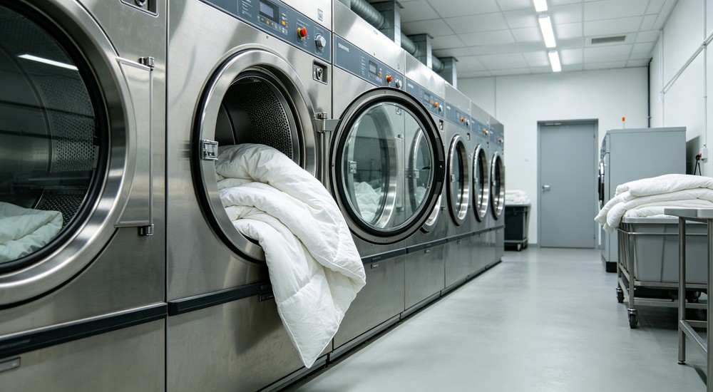 Commercial industrial washing machines in professional laundry facility processing bulk bedding for emergency shelters and high volume institutional cleaning operations