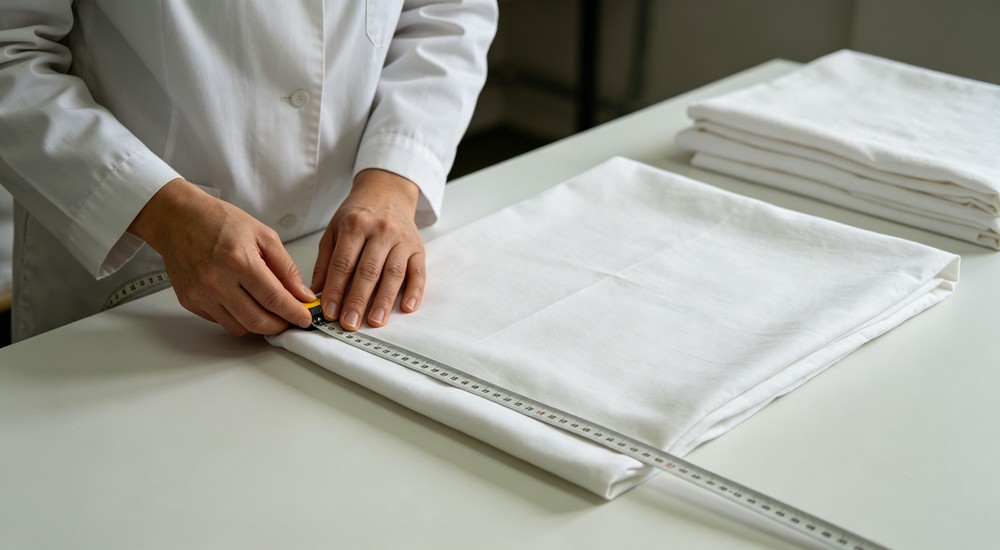 Side-by-side quality control inspector carefully measuring bed sheet shrinkage after commercial washing for cotton polycotton and polyester bedding dimension verification testing