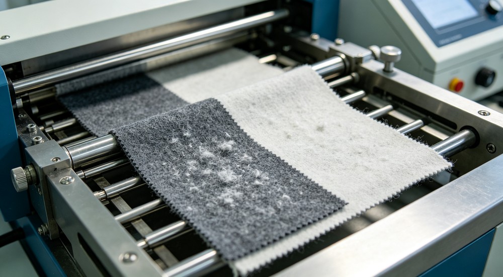Panoramic fabric pilling test machine operating in textile laboratory evaluating bedding material durability and resistance to wear for long term shelter use