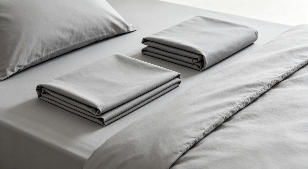 Overhead bedding components including flat sheet fitted sheet pillowcase and duvet cover arranged for component level material selection in shelter procurement