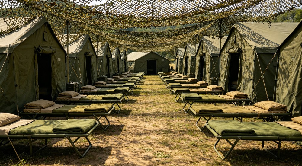 Top-down military style temporary camp with tents cots and outdoor bedding setup for field operations disaster response and remote emergency shelter deployment