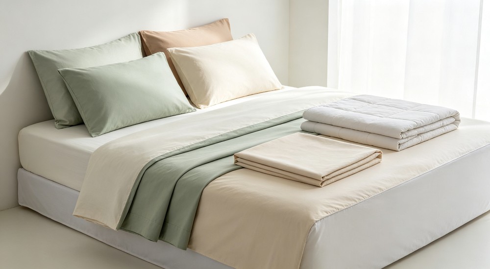 Documentary complete bedding set with fitted sheet flat sheet pillowcases and duvet cover neatly arranged for shelter accommodation and bulk order product display