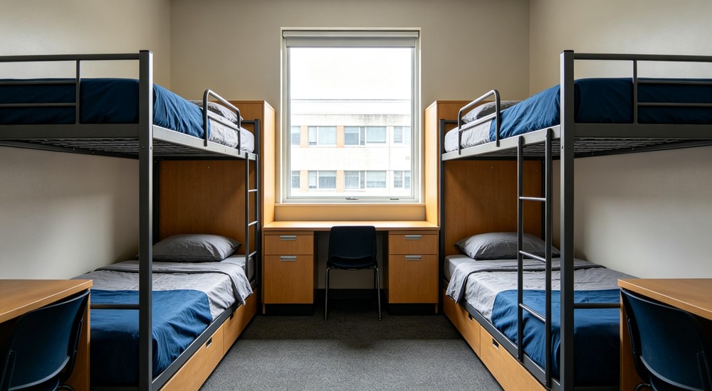 Aerial university dormitory room with bunk beds and clean simple bedding for student housing material selection guide and high occupancy facility specification