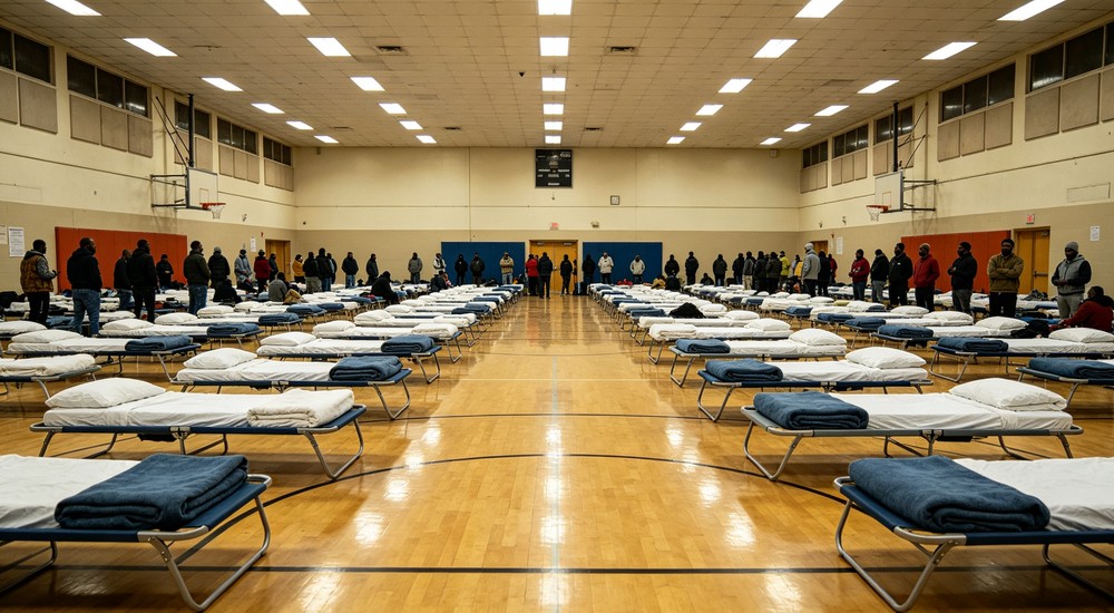 Portrait emergency shelter gymnasium hall with rows of cots and bedding arranged for displaced persons during humanitarian crisis and temporary housing programs