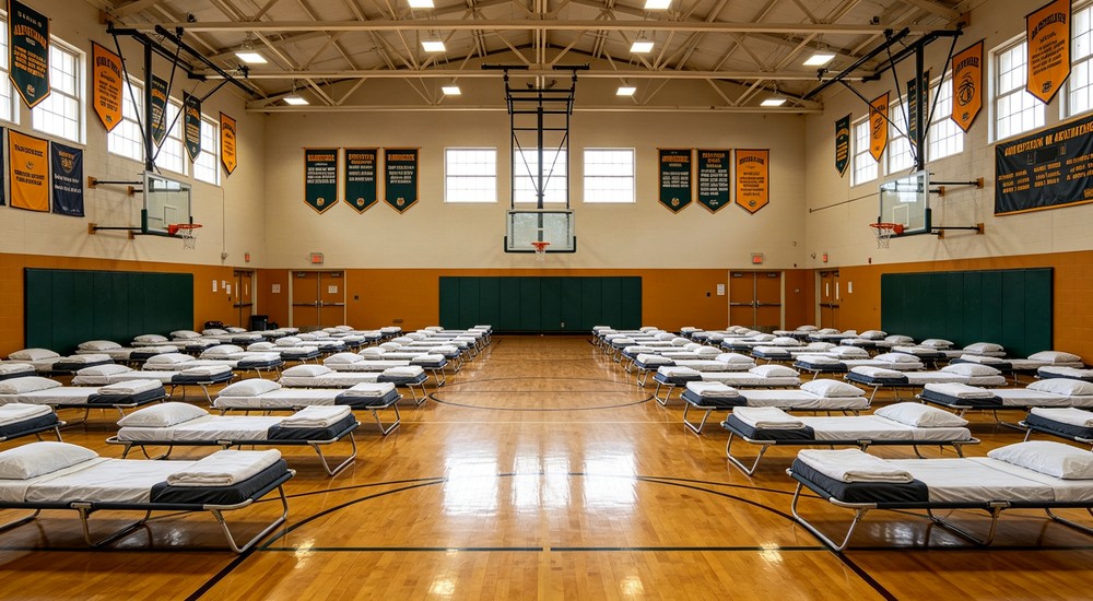 Wide-angle school gymnasium emergency evacuation center with rows of folding cots and clean bedding for displaced residents during disaster relief operations and temporary shelter programs