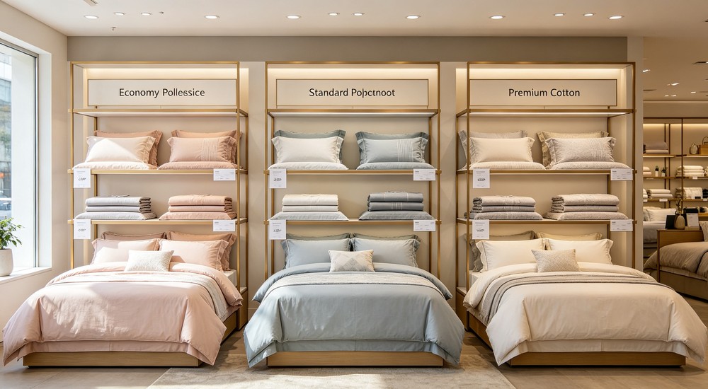 Night-time bedding budget tiers economy standard and premium product display for shelter procurement cost comparison and value based purchasing decision making